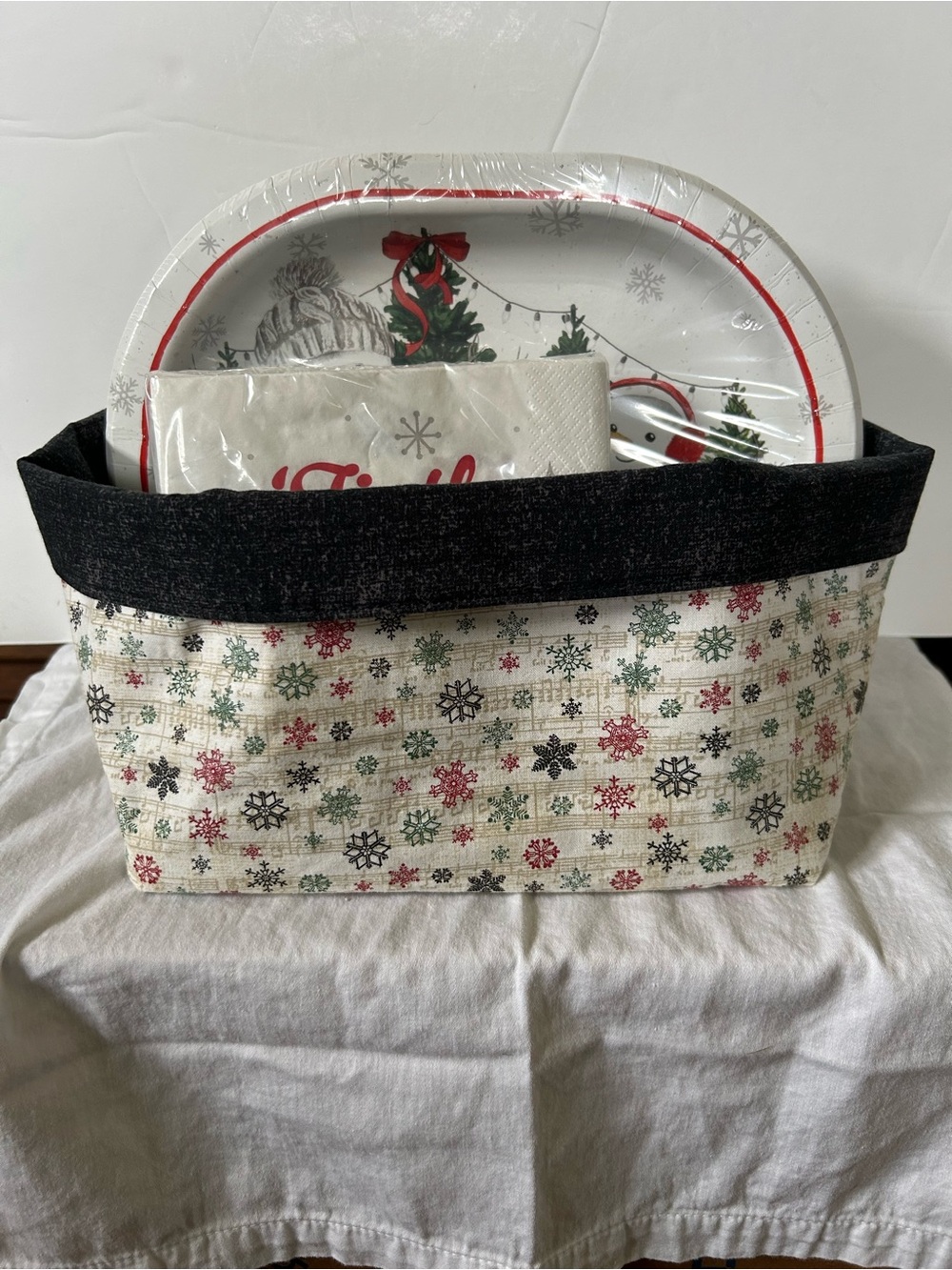 Snowflake Fabric Storage Basket with plates/napkins